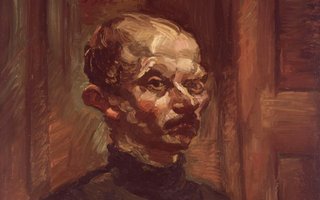 Diese Ölgemälde von Ludwig Mediner ist ein Selbstporträt mit Palette und Pinseln, 1922