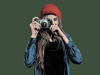 Illustration von Frau mit roter Mütze mit Fotoapparat.